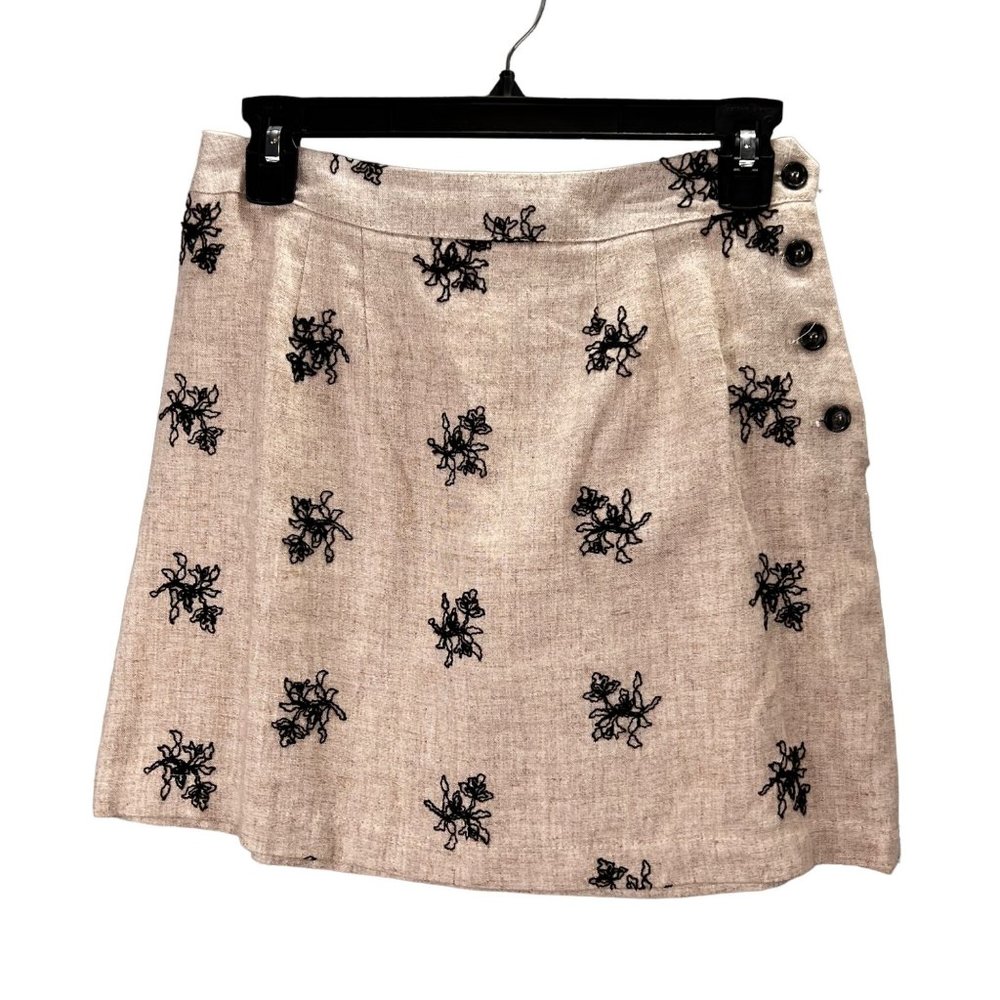 Francine Browner Linen Mini Skirt Embroidered A Line Fits Small Vtg 7/8 Tan